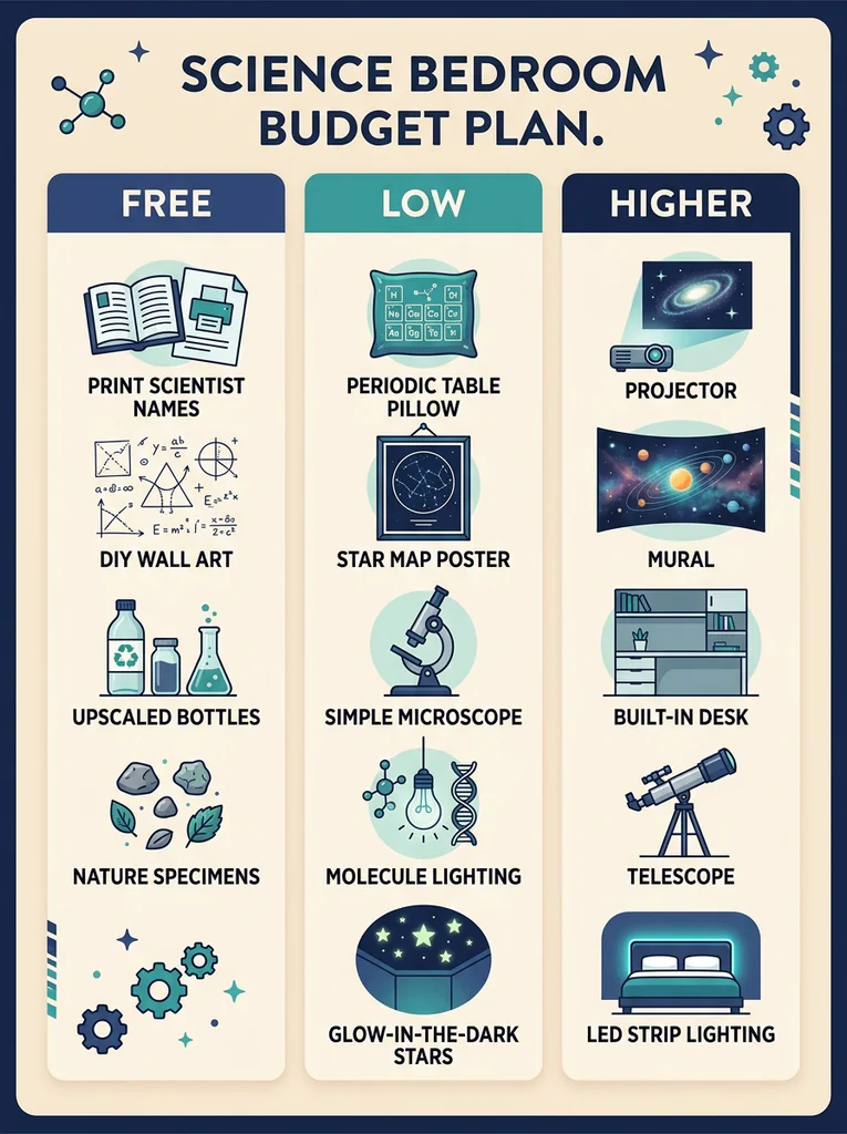 Budget plan for science bedroom decor with free, low cost, and higher cost ideas