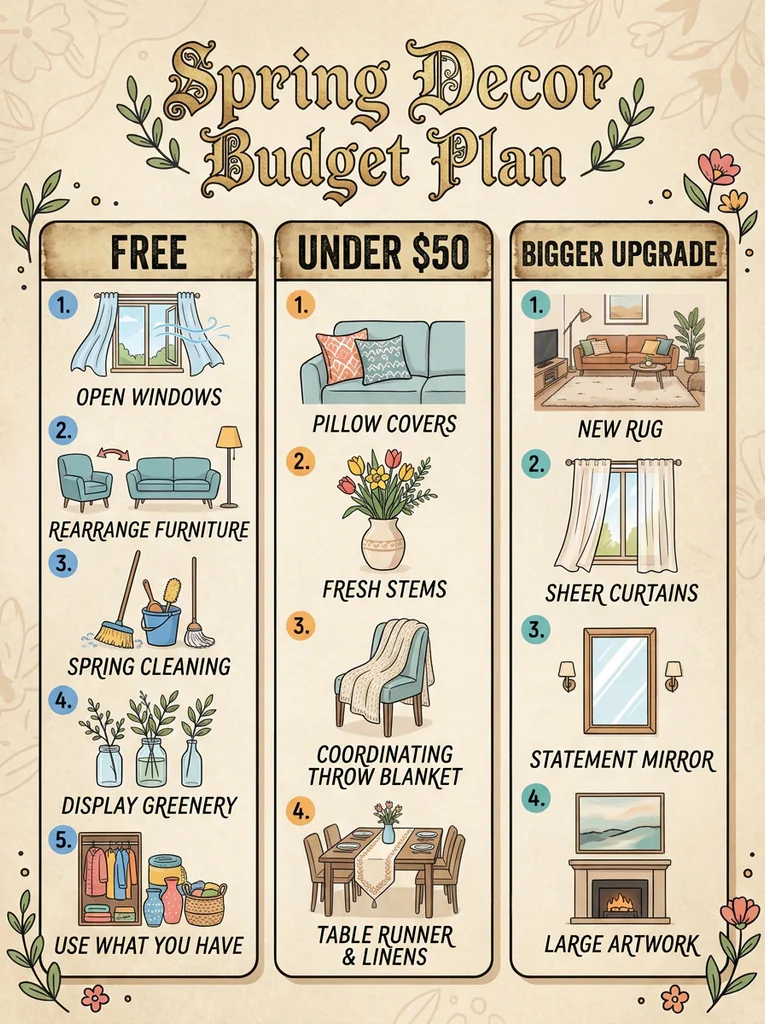 Spring decor budget plan showing free ideas, low cost ideas, and bigger upgrades for a living room