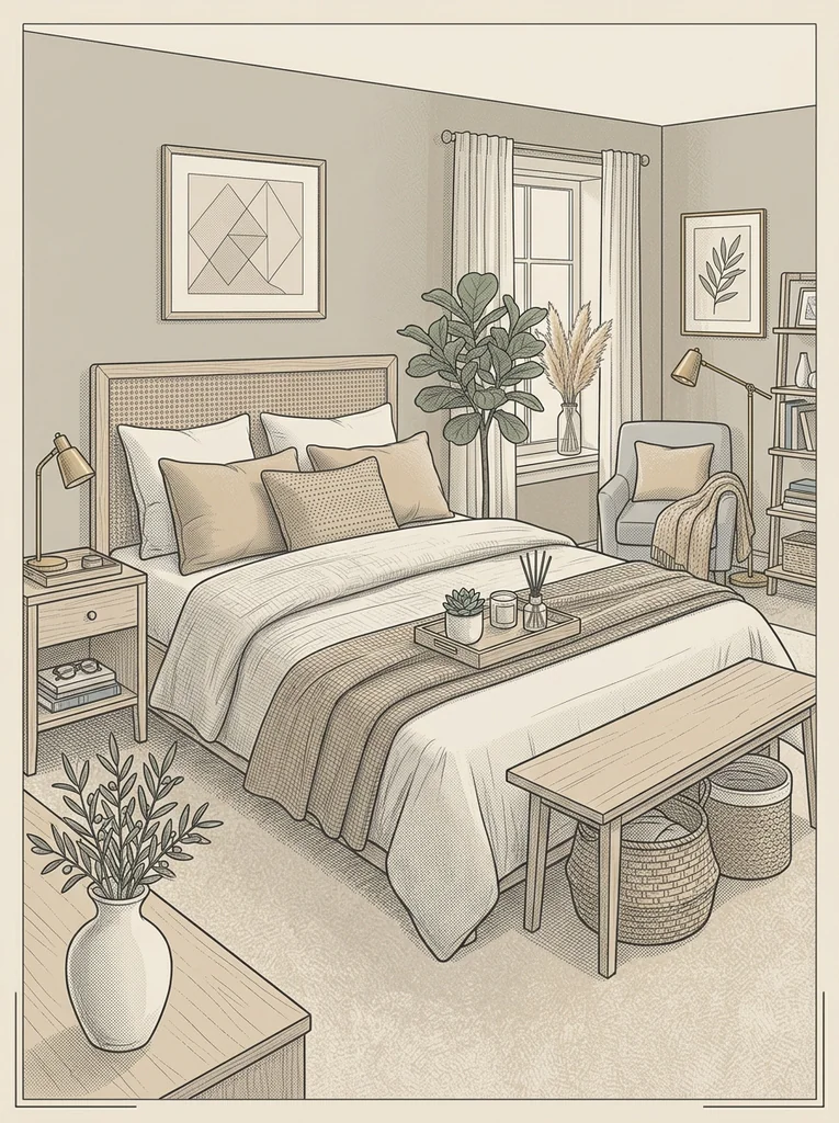 Tidy bedroom with smart storage and a cozy reading corner for spa bedroom decor