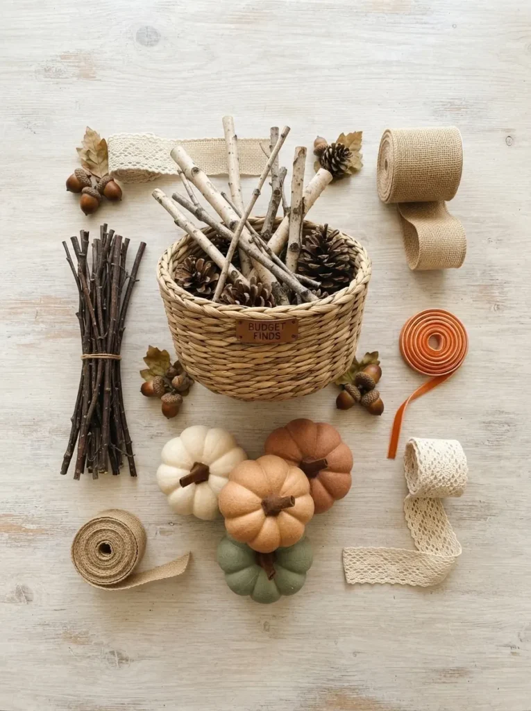 A tidy flat lay of budget supplies: twigs, pinecones, a basket, ribbon, and small dollar store pumpkins.