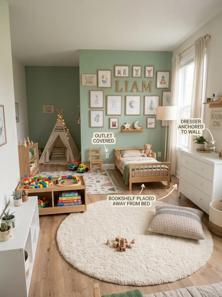 A toddler room showing a dresser anchored to the wall, outlet covers on the outlets, and a bookshelf placed away from the bed. Use small callout arrows for each safety item.