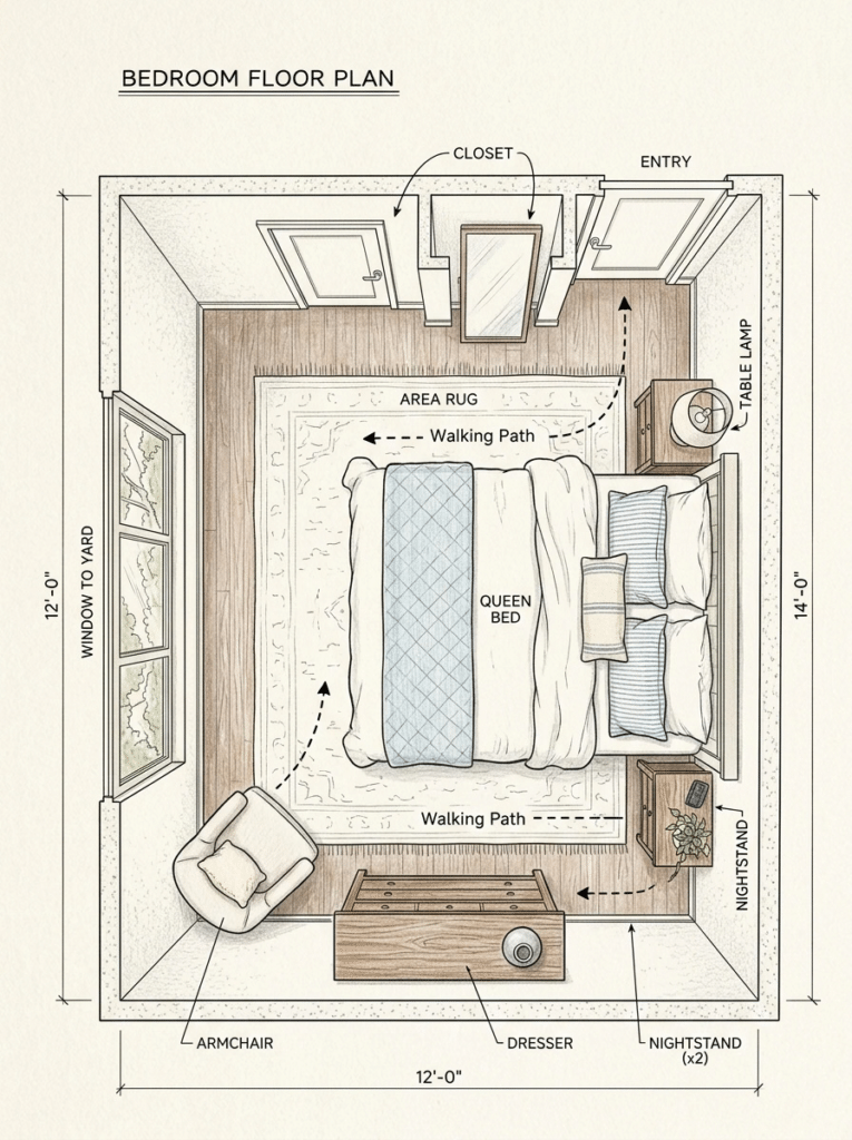 Furniture layout for Hamptons bedroom decor with bed, nightstands, and reading chair