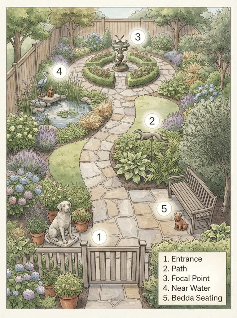 Garden layout showing the best places to put dog garden decor