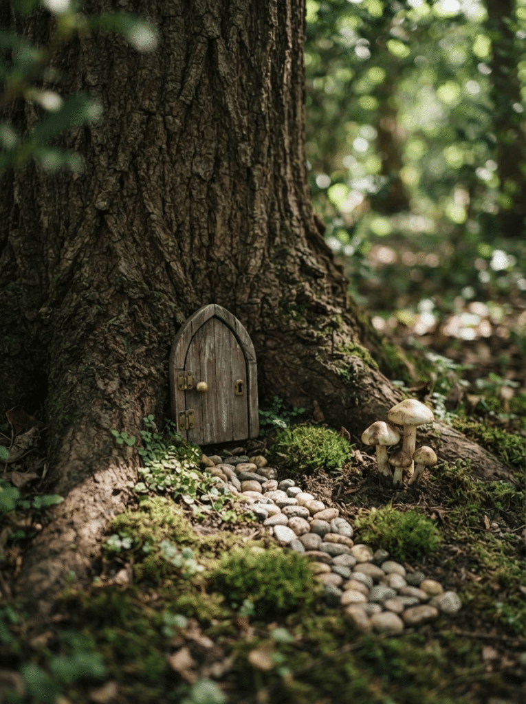 Fairy door and mushrooms in a storybook style whimsy garden decor scene