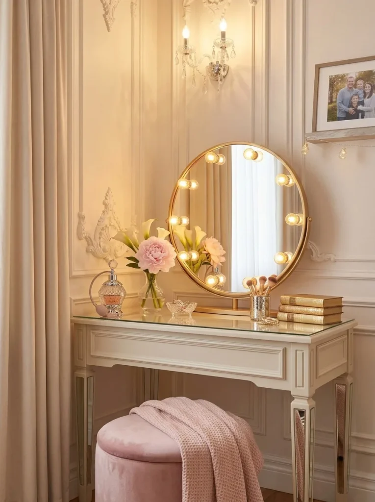 A vanity corner with a round mirror, a small dressing table, a velvet stool, and warm bulbs around the mirror frame. Add a crystal perfume bottle and a soft pink flower vase on the table.