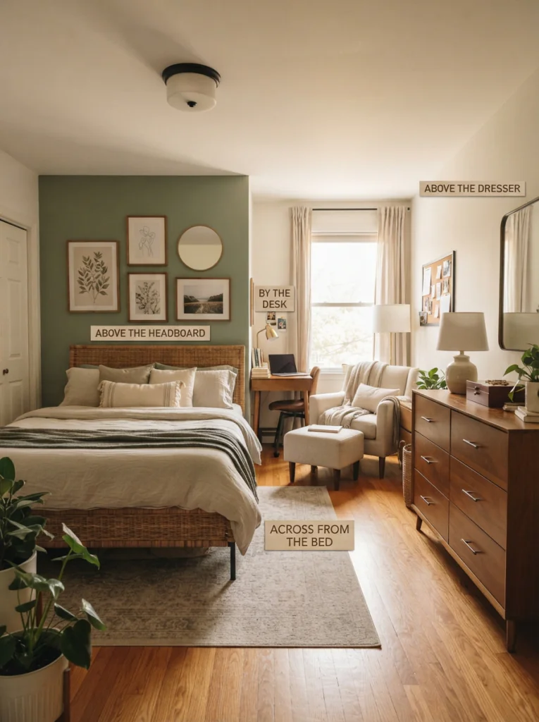 A vertical bedroom showing four marked zones: above the headboard, across from the bed, above the dresser, and by the desk