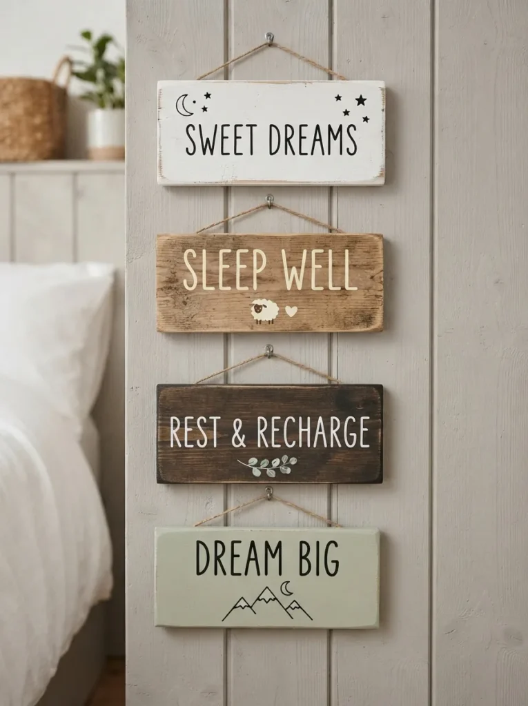 A vertical collage of four bedroom signs with different short phrases in simple lettering.