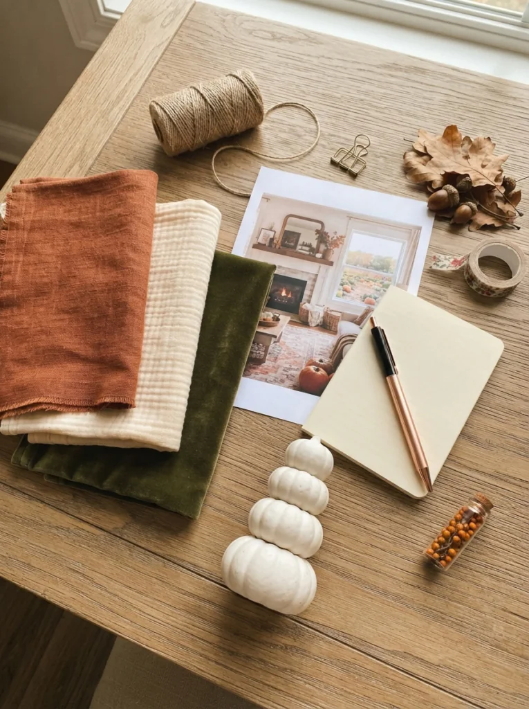 Fall color swatches and an inspiration photo for planning fall house decor.