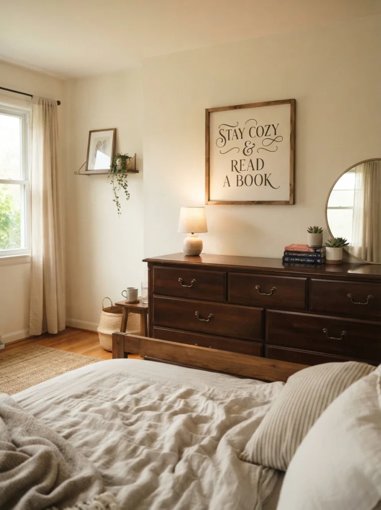 A view from the bed toward the opposite wall, where a framed sign hangs above a dresser.