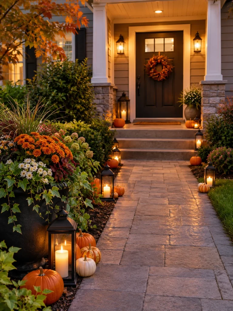 Fall decor along a front walkway leading to the porch
