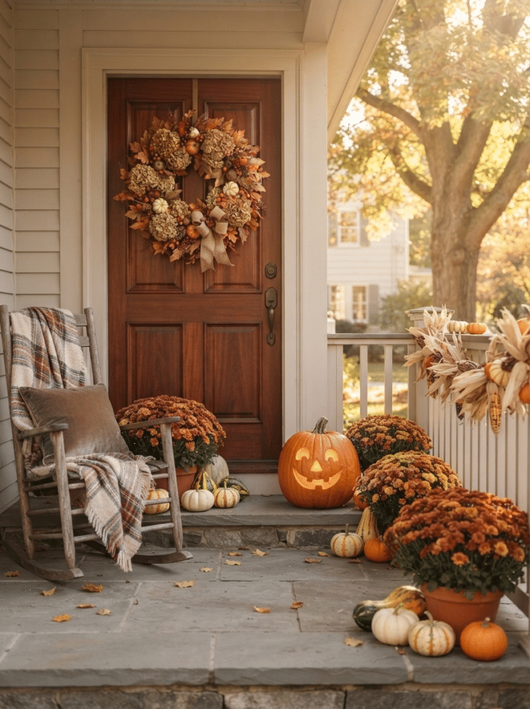 Cozy fall Halloween door decor with wreath, mums, and pumpkins
