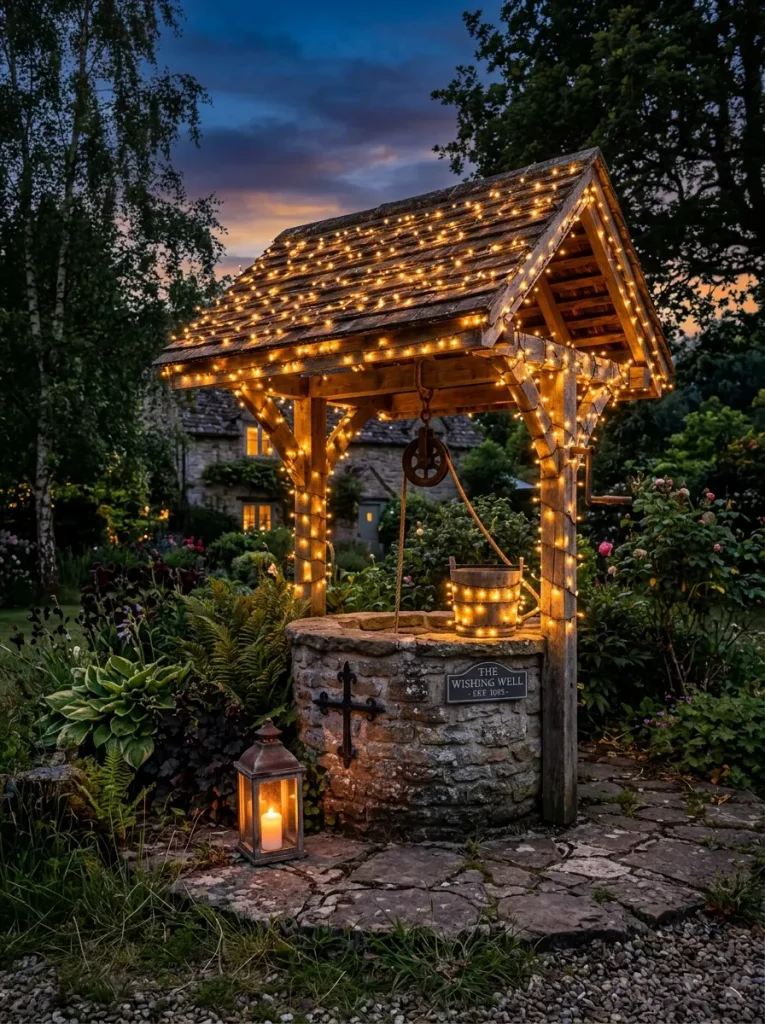 Garden well lit at dusk with warm string lights and a lantern