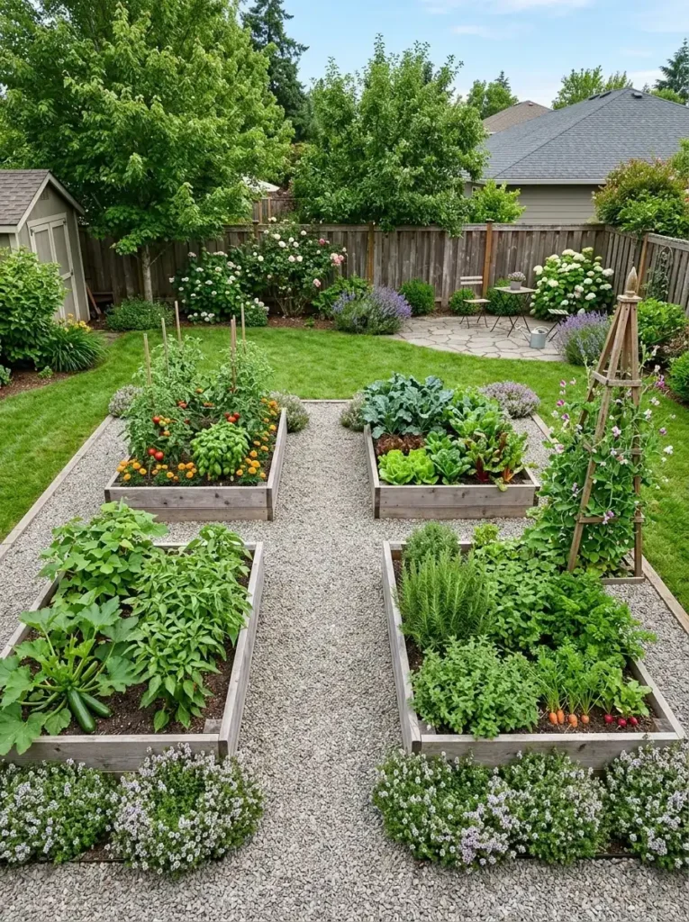 Backyard vegetable gardening layout with raised beds, paths, and thyme borders