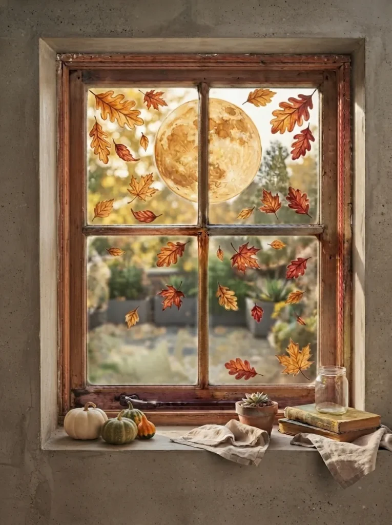 A simple graphic showing six icons labeled leaves, pumpkins, wheat, acorns, apples, and a moon on a cream background.