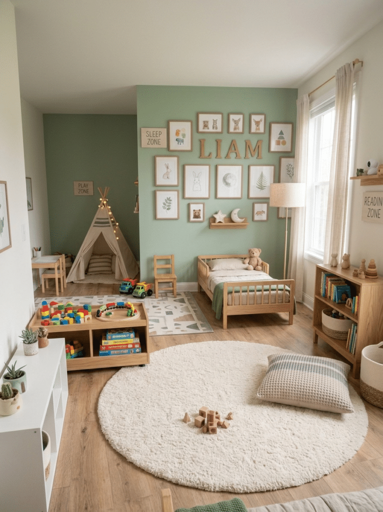 Sleep, play, and reading zones in little boy bedroom decor