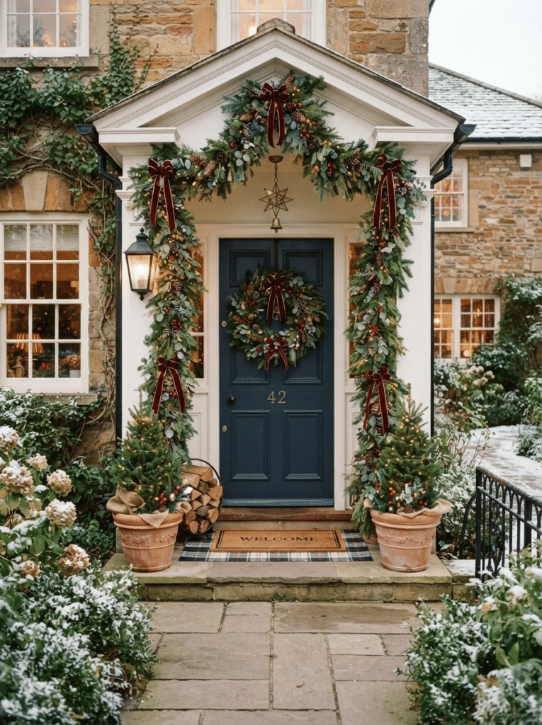 Front door fall decor with garland, ribbons, and small hanging accents