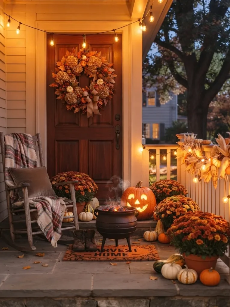 A wide shot of a full entry scene: steps, mat, string lights, a cauldron, and a decorated door, all in one frame at dusk.