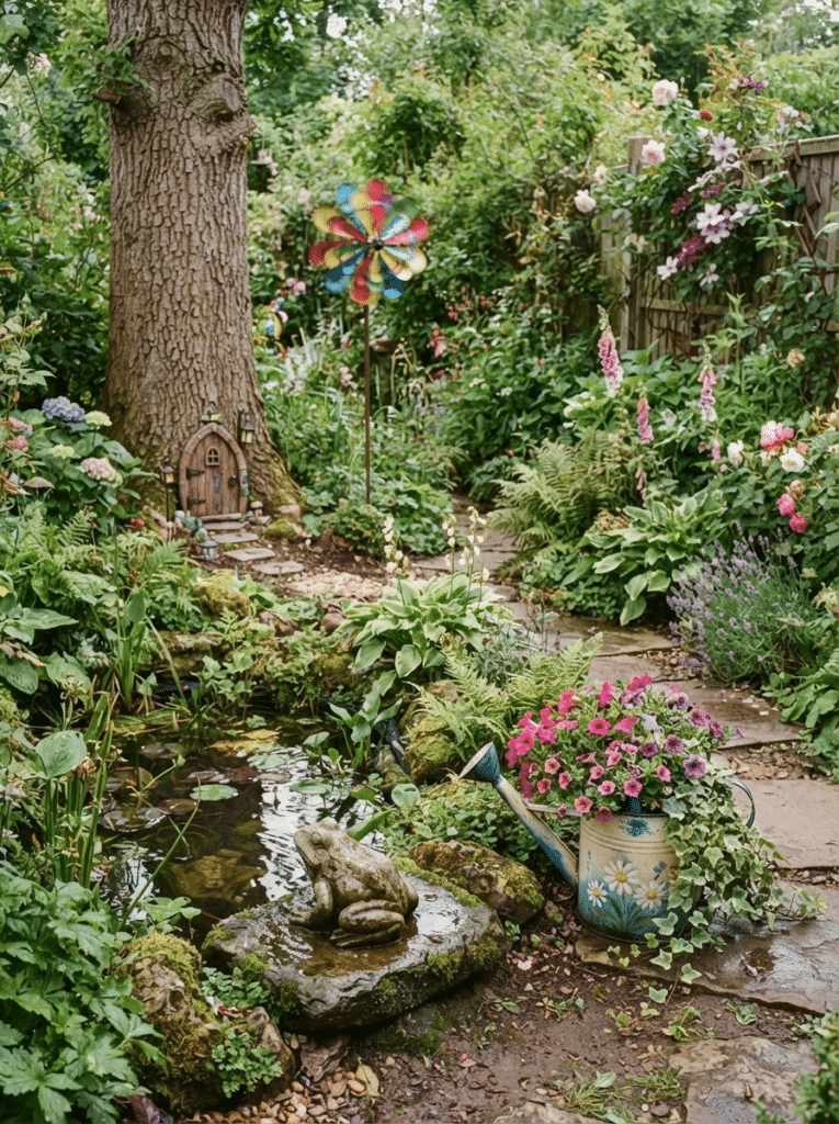 What whimsy garden decor looks like with a fairy door, painted planter, and stone frog