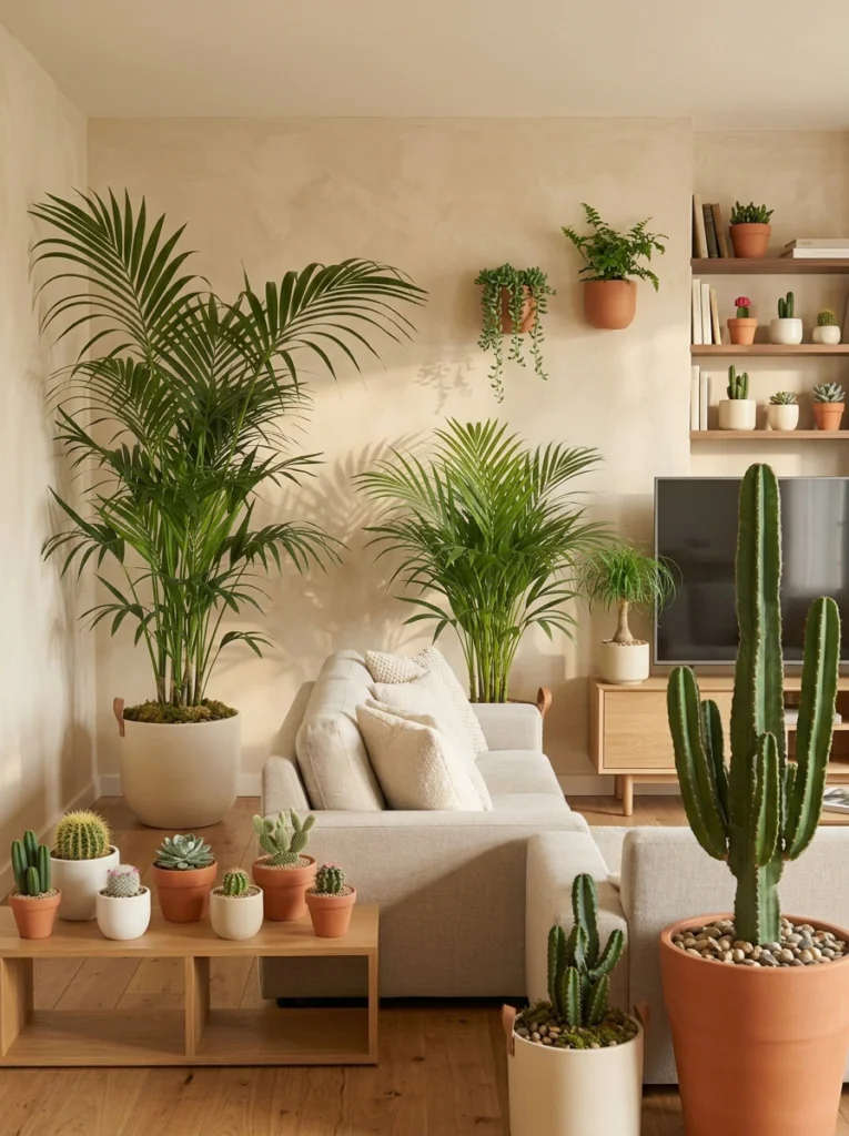 Living room mixing cactus and palm tree decor at different heights