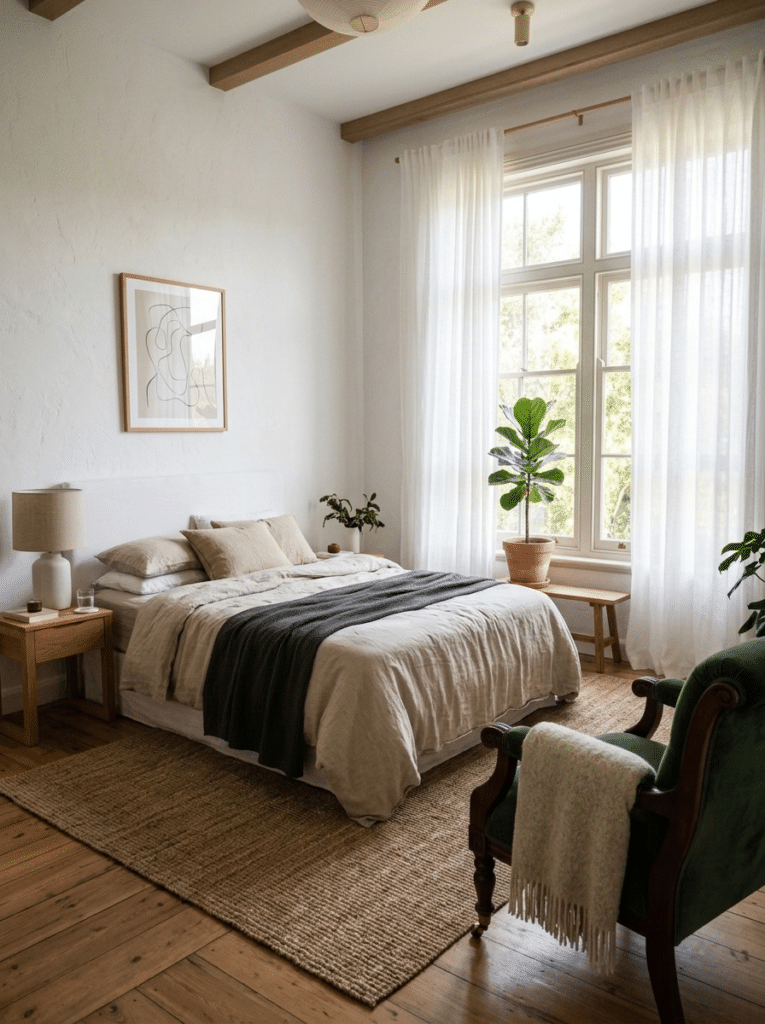 What Hamptons bedroom decor looks like with white walls, linen bedding, and rattan accents