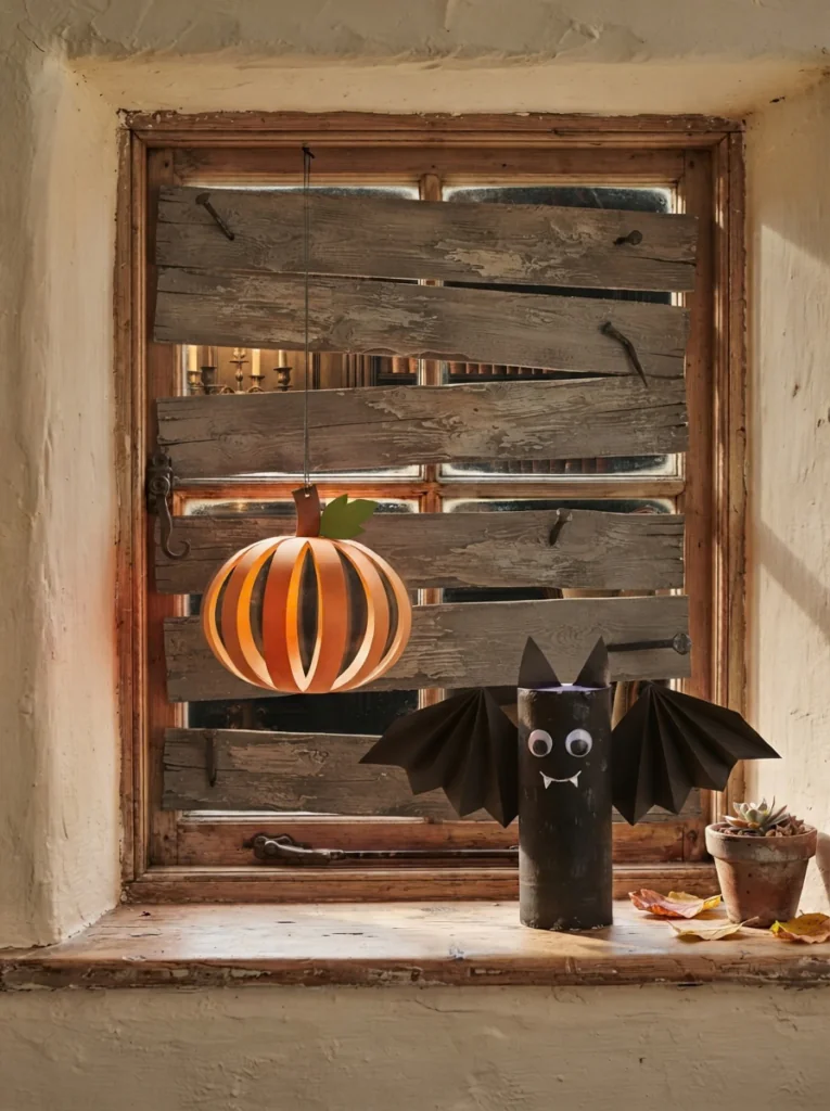Boarded up Halloween window made from painted foam board to look like old wood