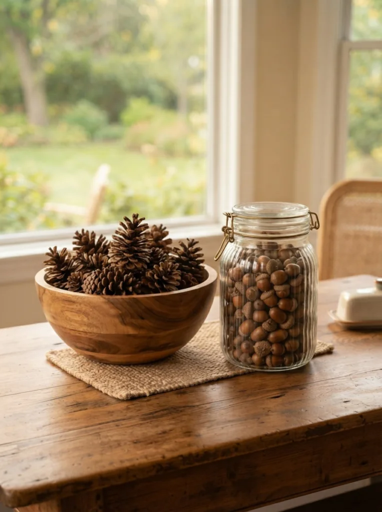 Pinecones and acorns displayed as simple fall decorations.
