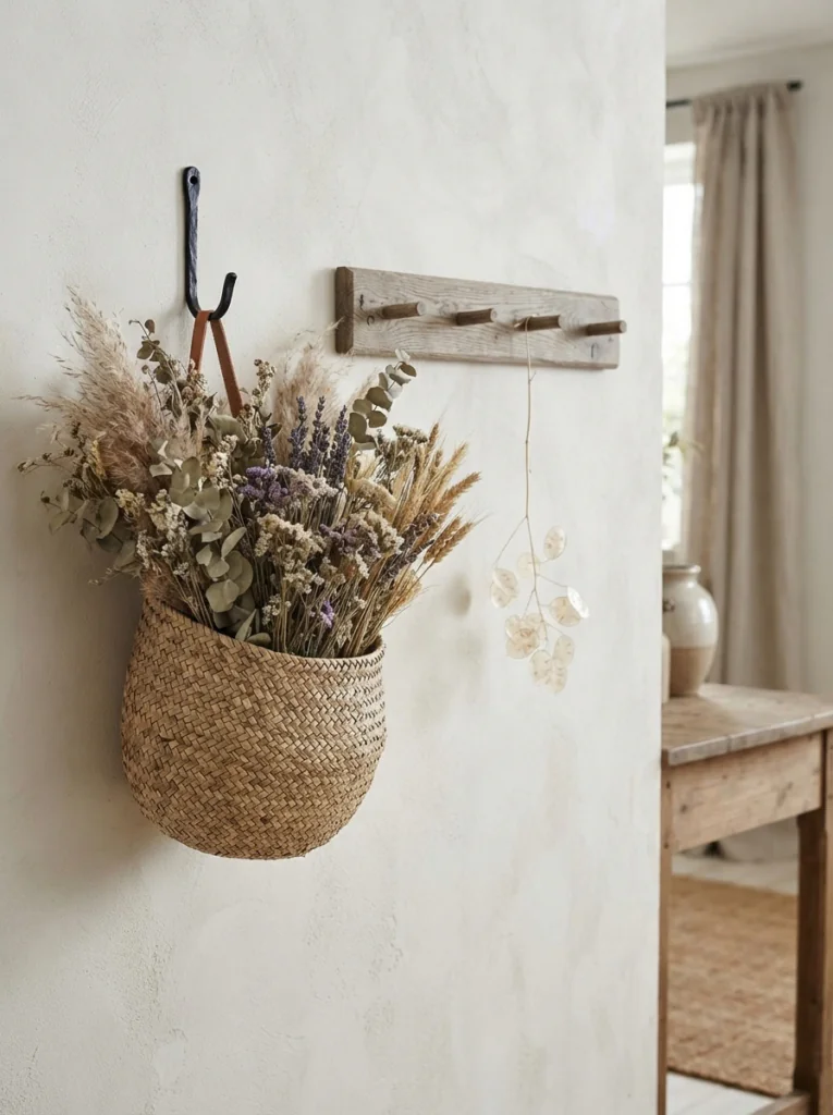 Hanging basket and peg rack styled with dried stems for fall.
