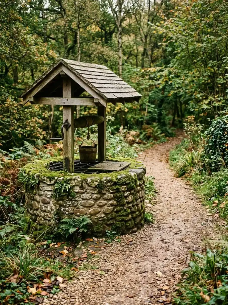 Aged stone garden well with moss beside a gravel path