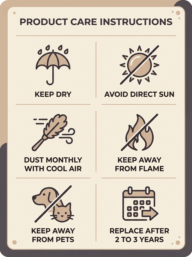 Infographic with six care tips for dried pampas grass in a bedroom