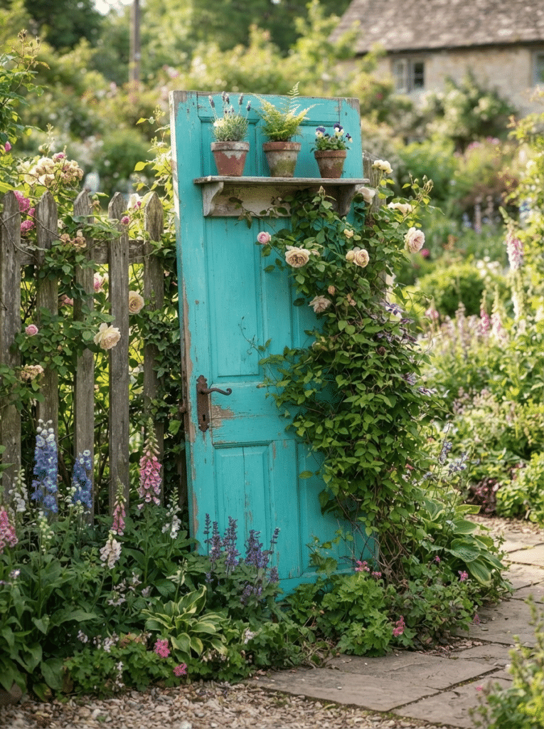Old painted door as unusual garden decor in a cottage garden