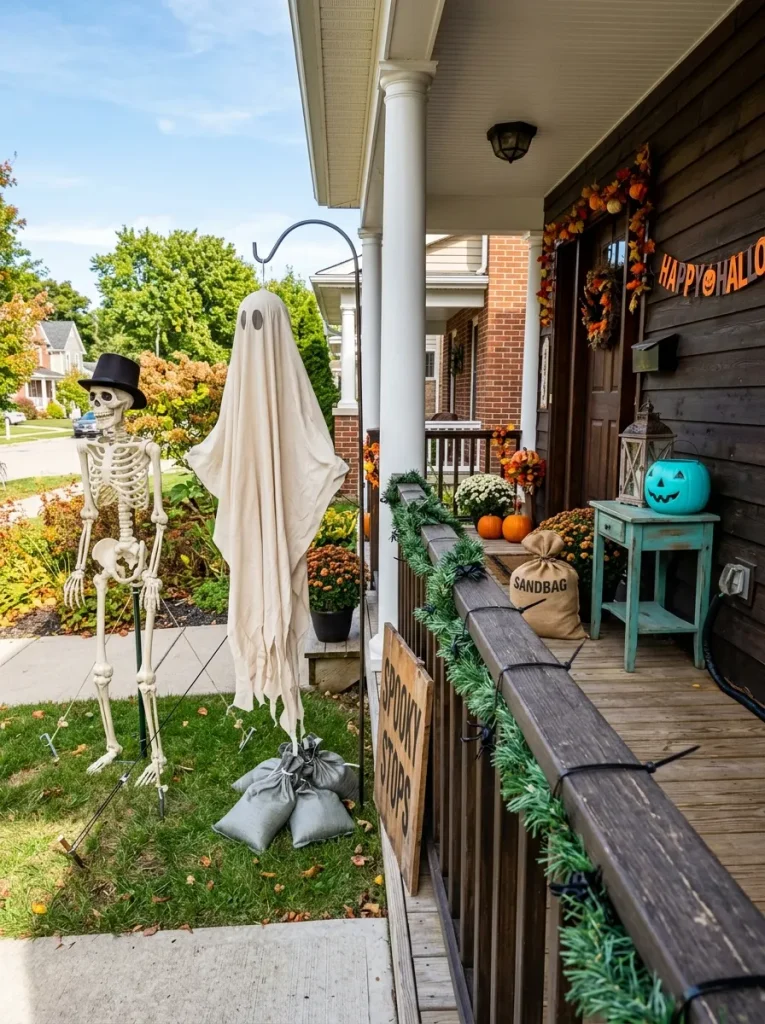 Anchored Halloween porch decorations with stakes, weights, covered cords, and a teal pumpkin