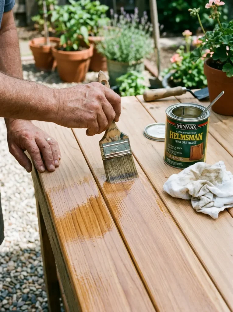 Applying sealer to a wooden gardening table to protect it from rain and rot