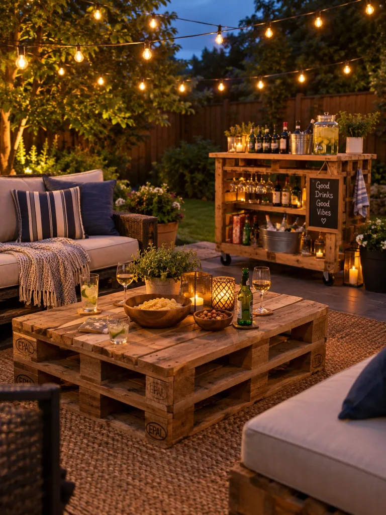 Backyard pallet ideas for outdoor tables and a bar cart set up for a party.