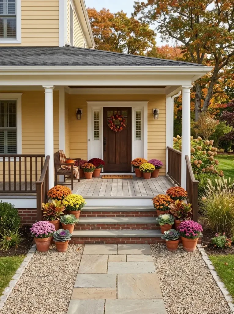 Balanced arrangement of mums on a front porch with grouped pots and lined steps