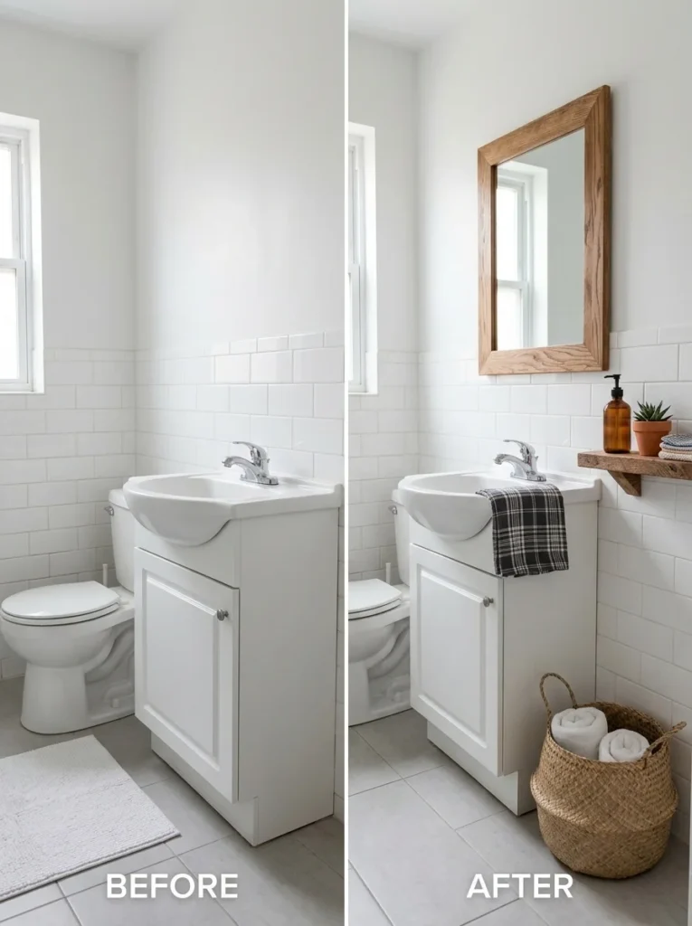 Bathroom before and after adding simple cabin bathroom decor without a remodel