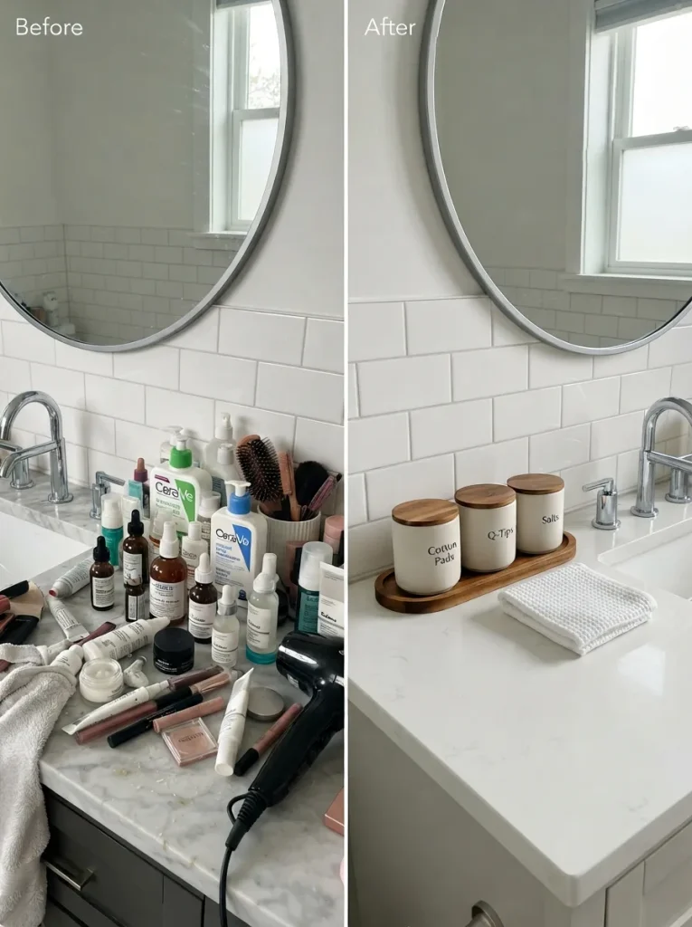 Bathroom counter before and after decluttering for a calm spa look