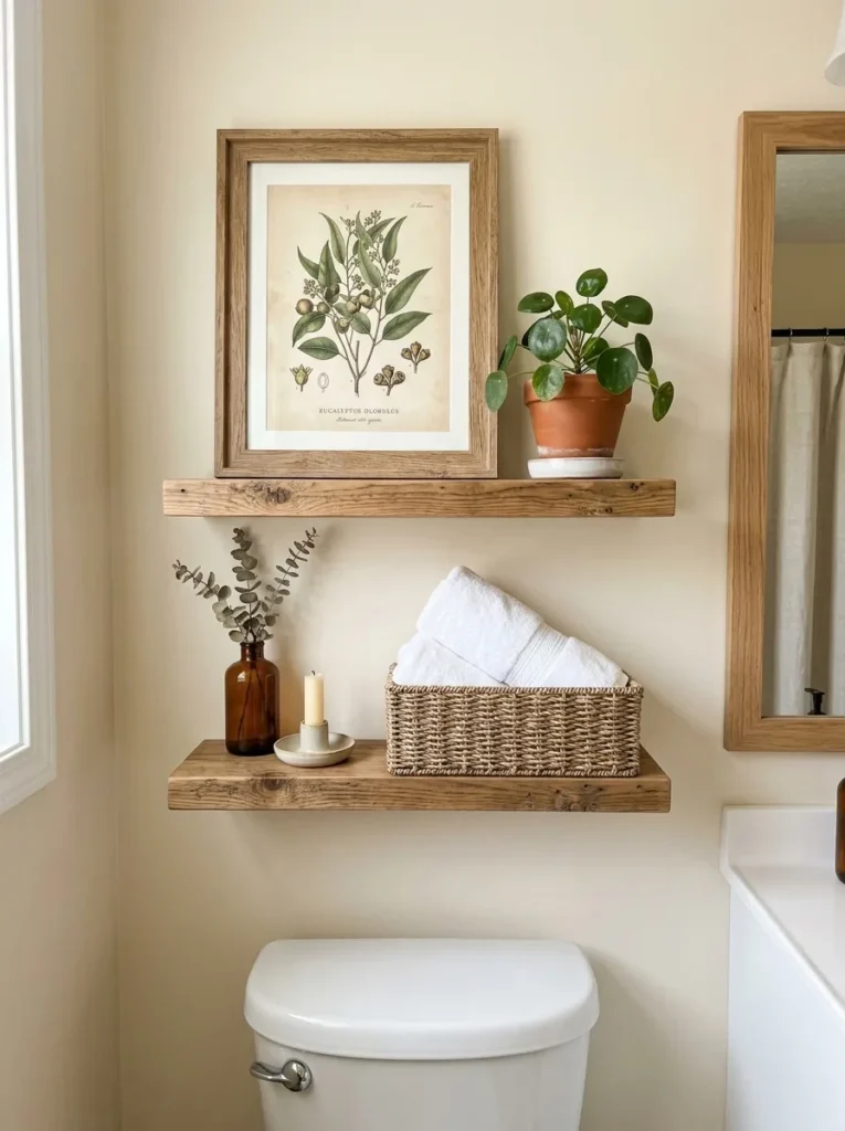 Bathroom decor over toilet with floating shelves, framed art, and a small plant