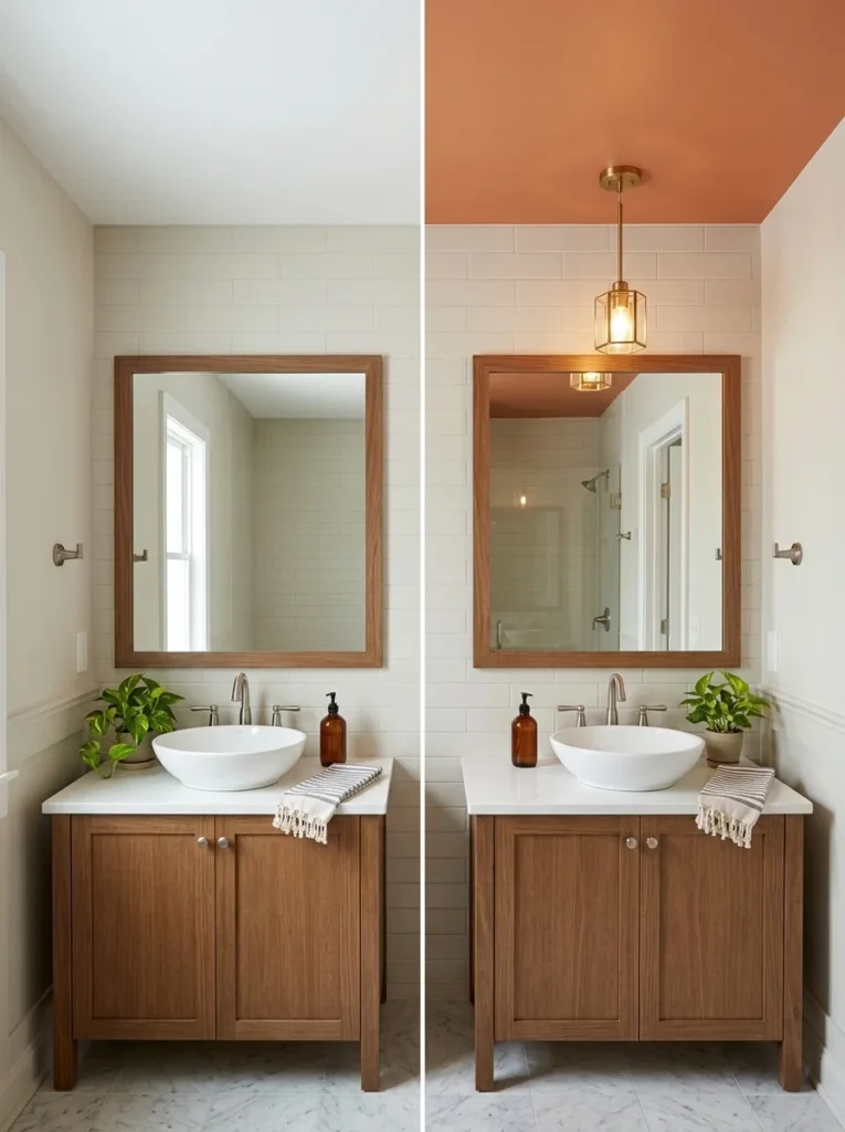 Bathroom with a plain ceiling compared with styled bathroom ceiling decor