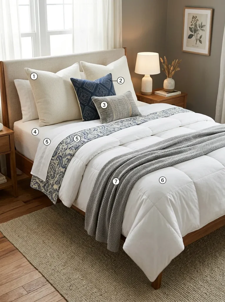 Bed styled with layered blankets and a stacked pillow arrangement.
