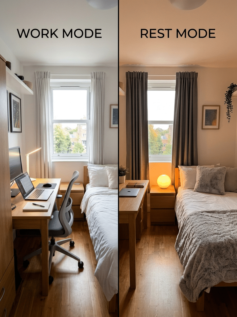 Floor plan of a small bedroom office layout with a window corner desk, chair clearance, and divider