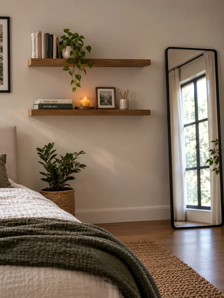 Bedroom shelf decor and mirror decor ideas on a styled wall.