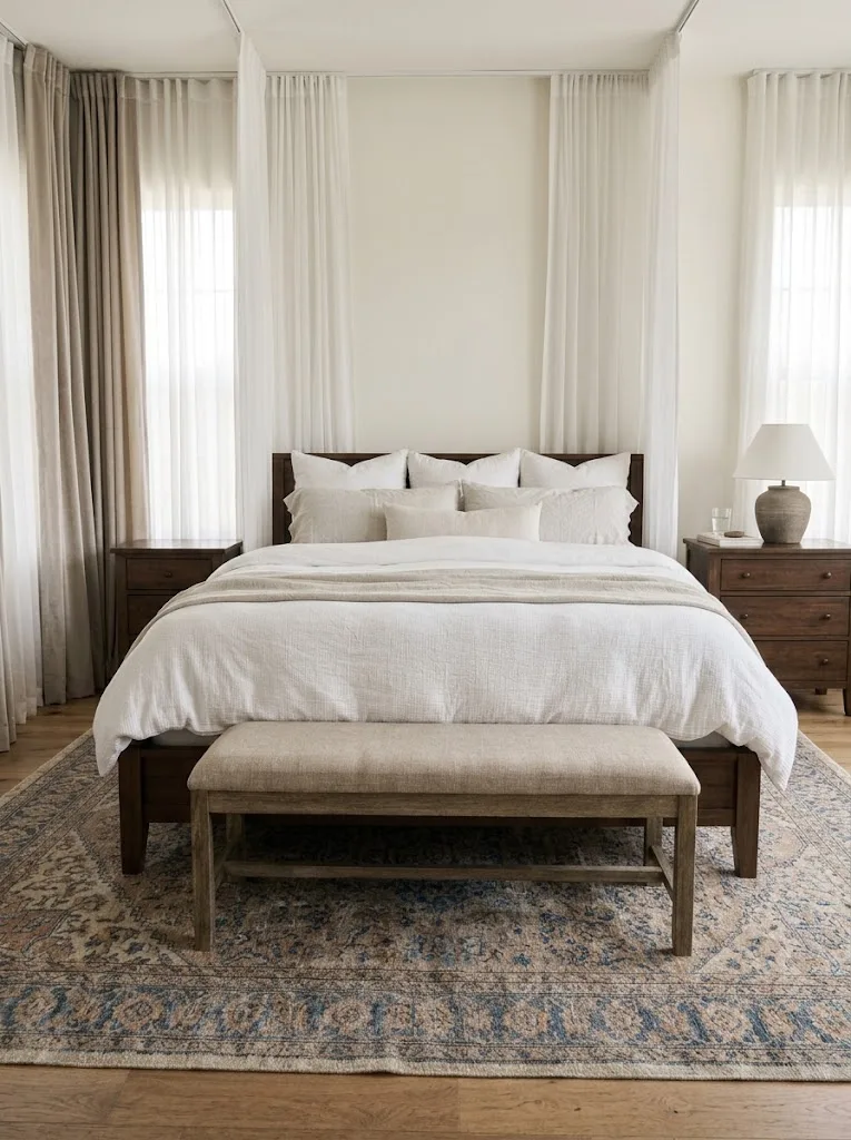 Bedroom with a large rug, high curtains, and a soft canopy.