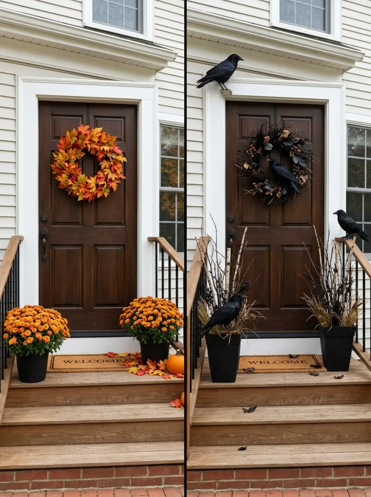 Before and after Halloween porch decorations showing fall porch changed with ravens and twigs