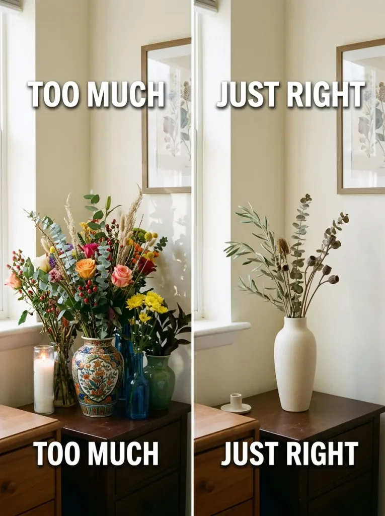 Before and after bedroom corner comparing crowded pampas grass decor with a clean single arrangement
