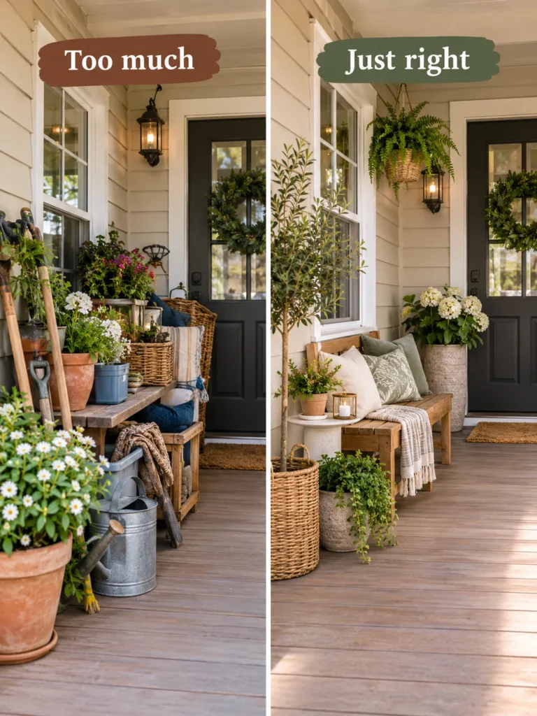 Before and after comparison of a cluttered and a balanced fall porch
