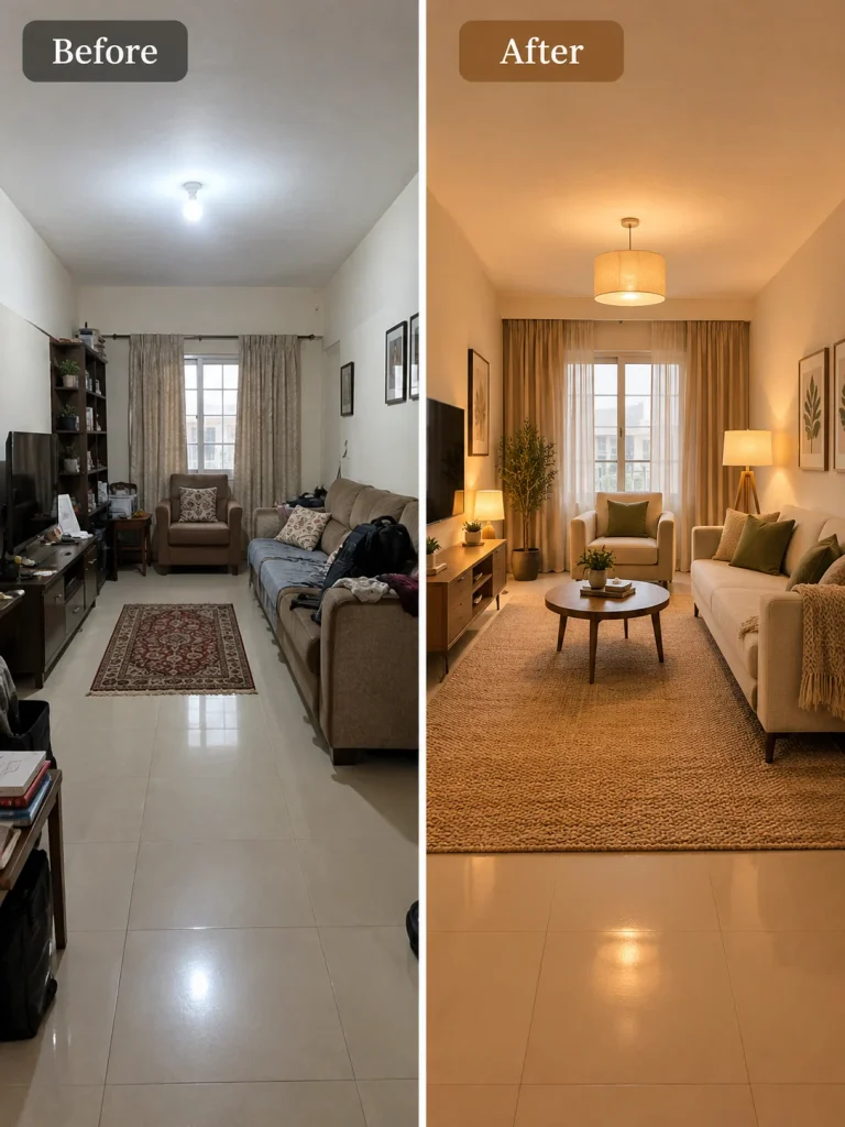 Before and after living room showing common design mistakes fixed