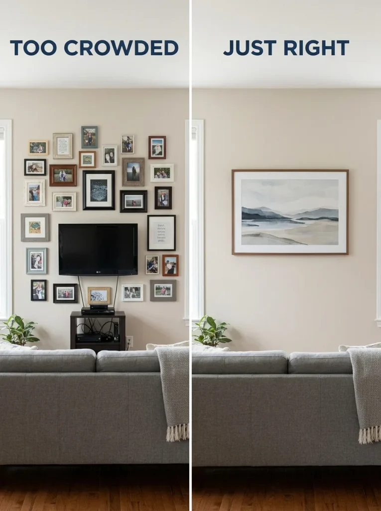 Before and after living room wall comparing crowded small frames with one large Christian wall art piece
