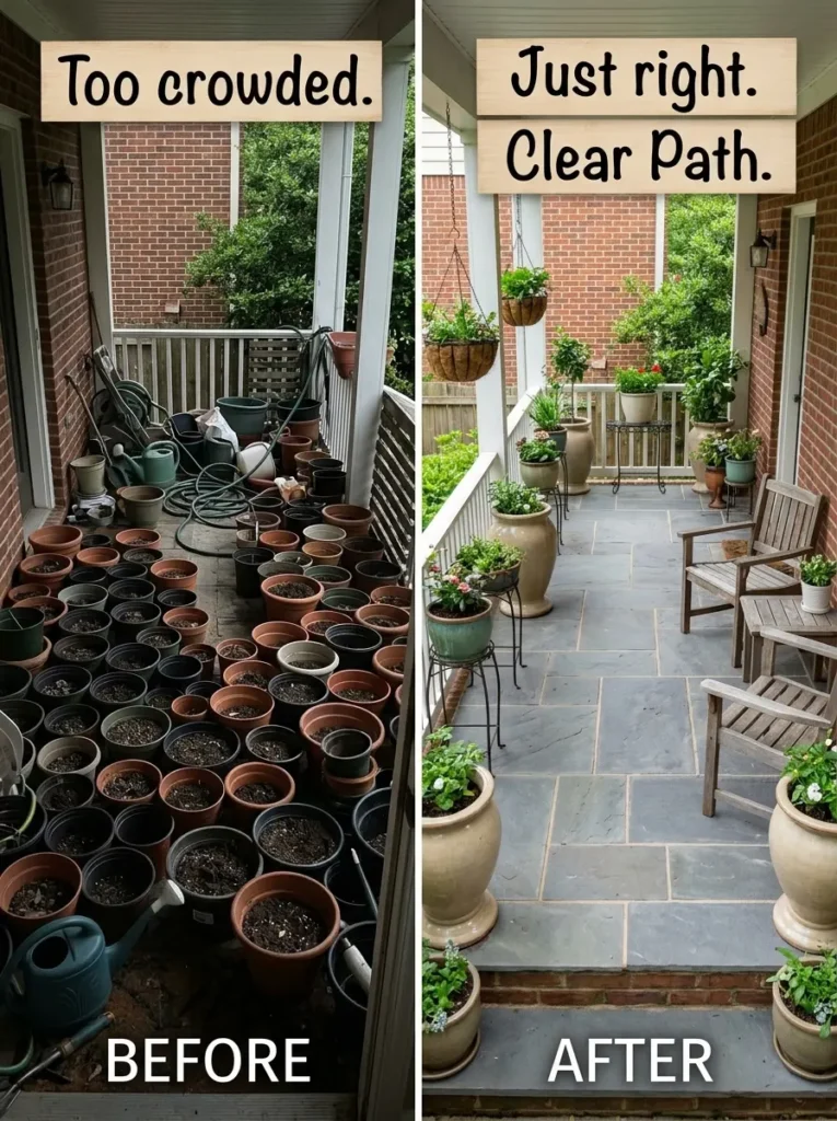 Before and after of a crowded mum porch and a balanced mum porch layout