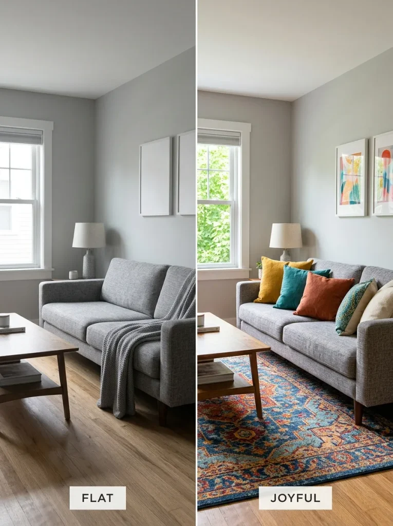 Before and after of a gray living room updated with dopamine decor.
