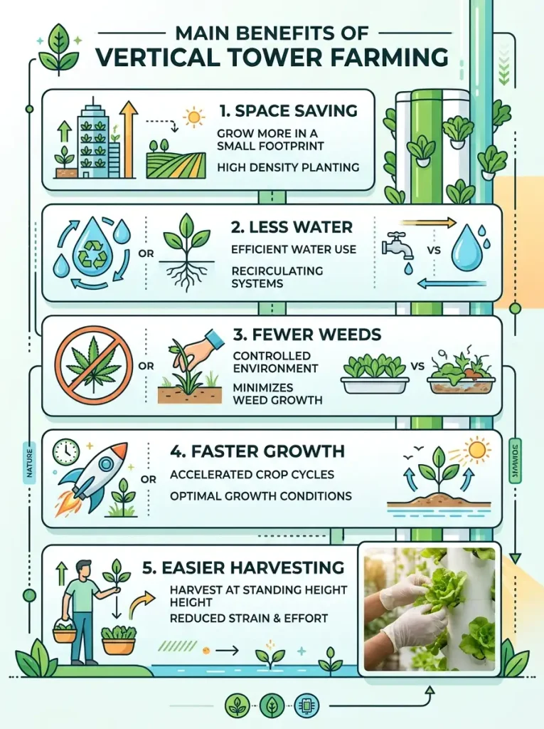Benefits of vertical vegetable gardening with a tower.